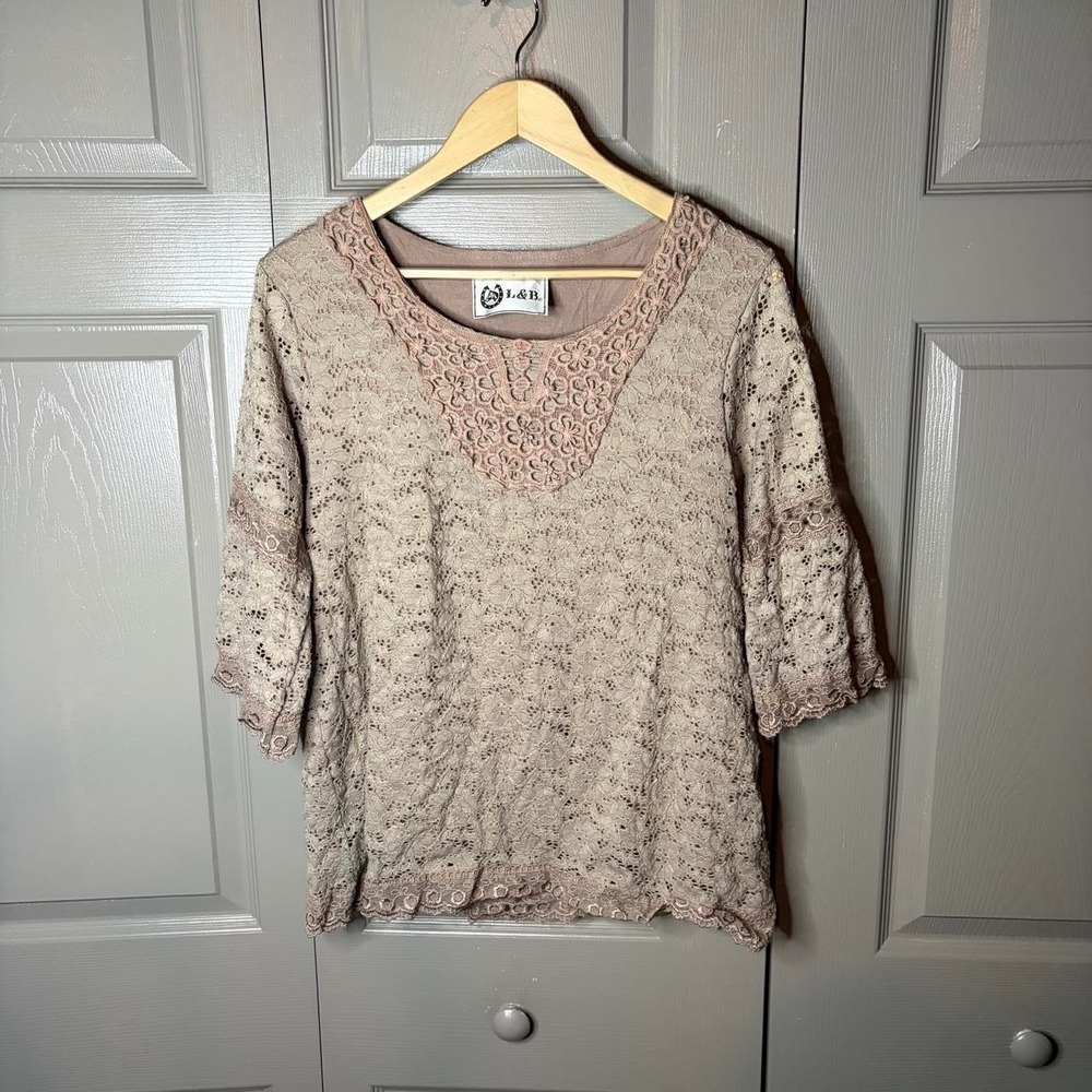 L&B Women Brown Floral Lace Blouse Bell Sleeve Fairycore Boho Top Size L